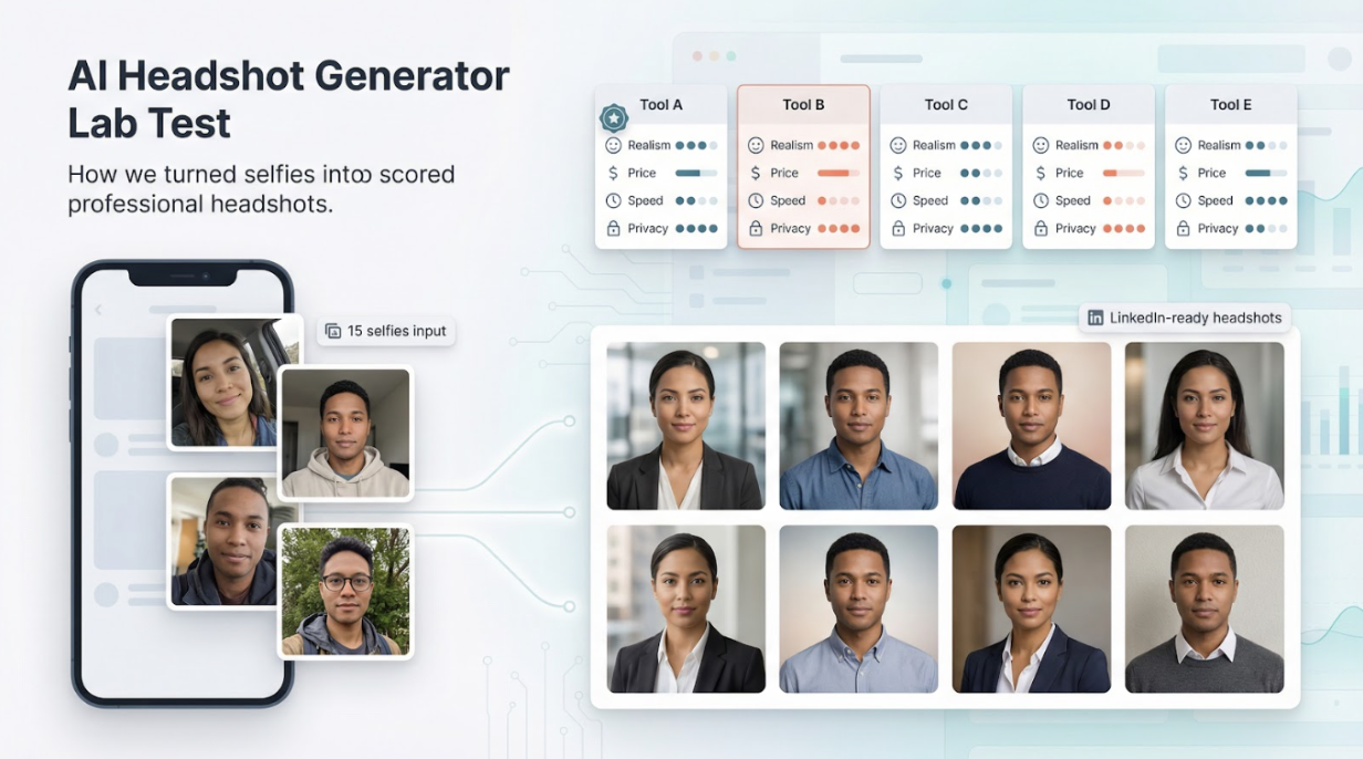 Sets the visual context for the whole review by showing casual selfies being turned into multiple polished headshots, reinforcing that the article compares several AI generators.