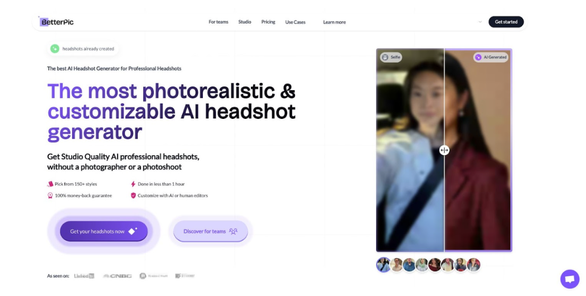 Visually supports BetterPic’s promise of speed by showing its real marketing and interface, helping skimming readers connect the brand with “need it today” use cases.