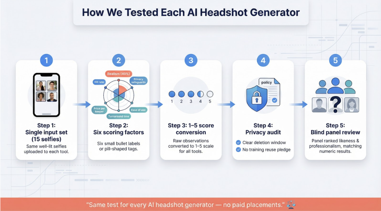 Visually explains the controlled trial, scoring factors, and privacy audit in one glance, building trust that the rankings are rigorous and unbiased.